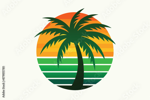 beautiful elegant summer graphic with palm tree sea and sunset