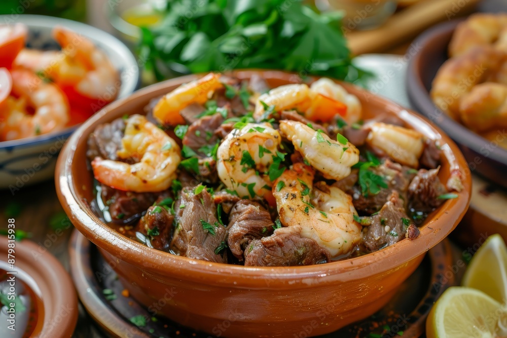 Deep fried shrimps beef brain and liver slices on Egyptian bread with parsley and wheat bran Deep fried shrimps beef brain and liver slices on Egyptian bread with parsley and wheat bran