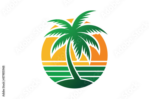 beautiful elegant summer graphic with palm tree sea and sunset