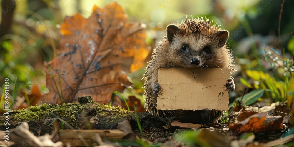 Obraz premium A forlorn hedgehog holding a blank cardboard sign, surrounded by dense forest foliage, waiting for someone to offer help.