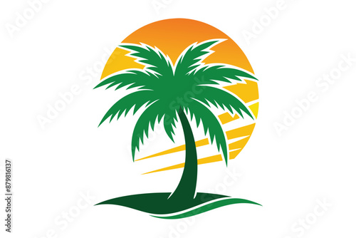 beautiful elegant summer graphic with palm tree sea and sunset