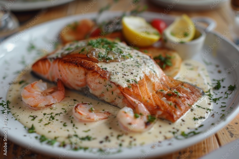 Delicious pan seared lake trout with creamy shrimp sauce on rustic table Delicious pan seared lake trout with creamy shrimp sauce on rustic table
