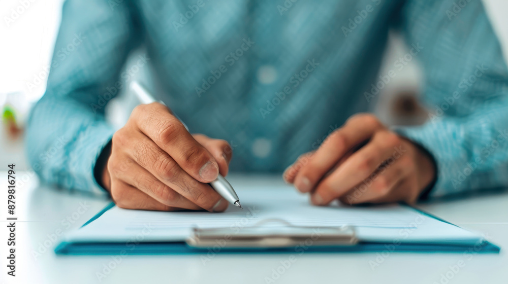 Close-up of a person writing on a paper with a pen, wearing a teal shirt, focusing on the act of writing and hand movement. Close-up of a person writing on a paper with a pen, wearing a teal shirt, focusing on the act of writing and hand movement.