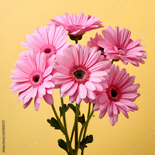 A bunch of pink flowers are in a vase with a yellow background.