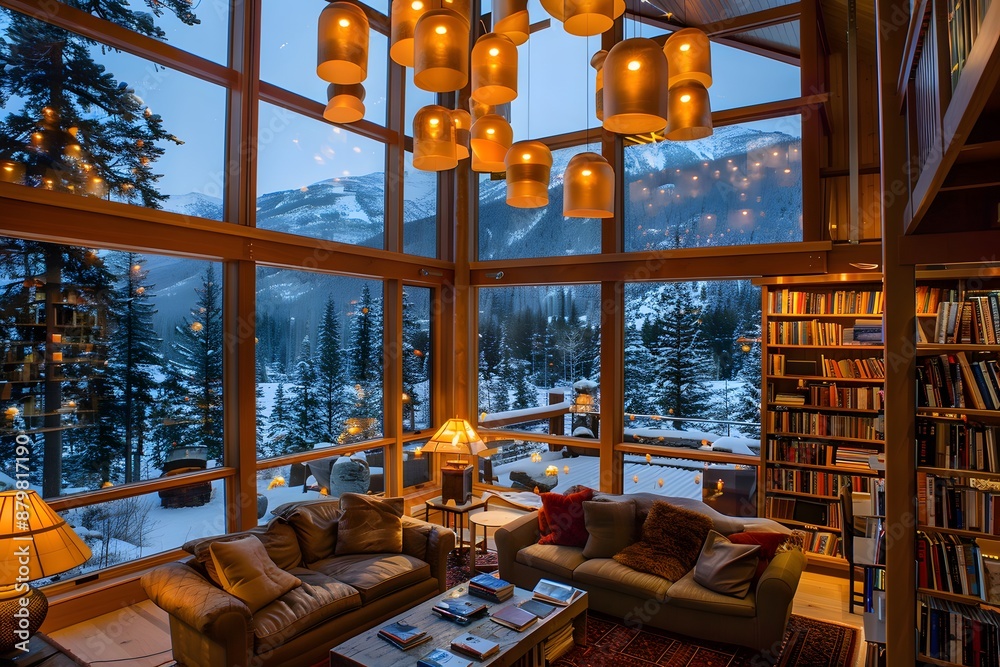 Cozy mountain chalet with panoramic windows, warm lighting, and library for a serene winter retreat