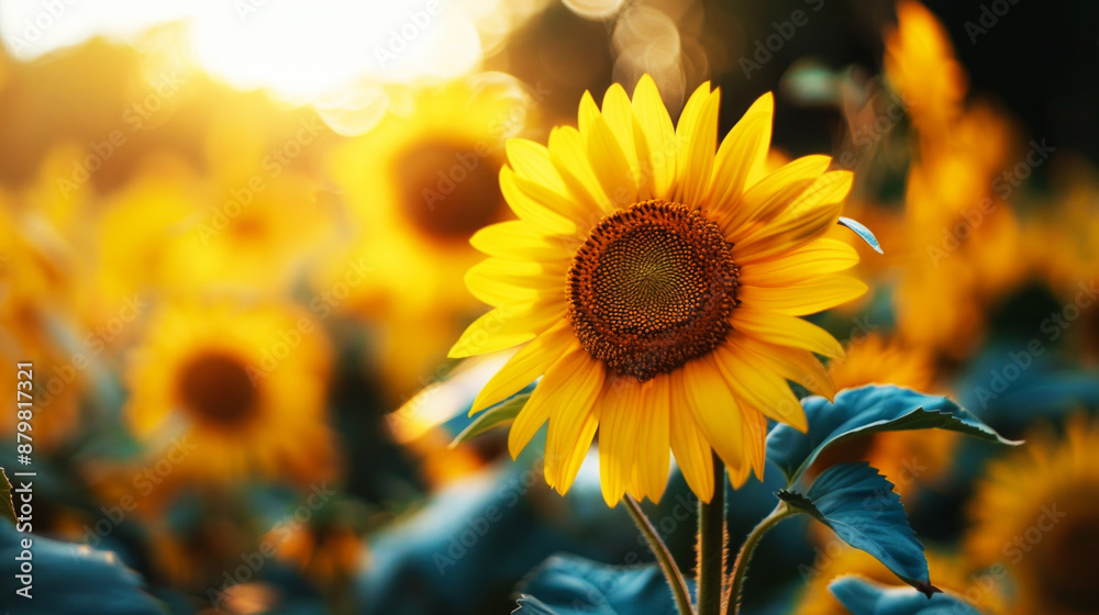 Fototapeta premium close up of a blooming sunflower with the dazzling sunlight behind it, detailed and beautiful