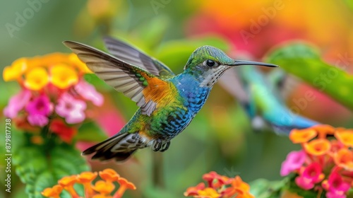 Hummingbird in Flight with Vibrant Colors