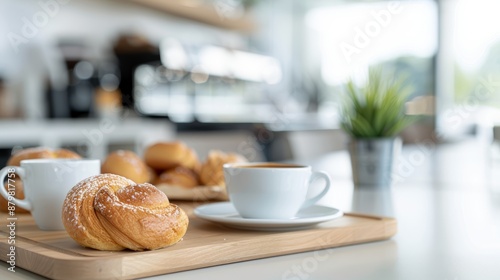 A relaxed seating area in a cafe with an inviting atmosphere and fresh baked goods, focus cover all object