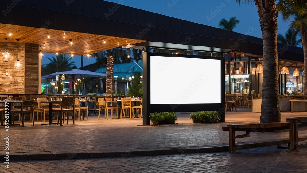 Blank billboard in front of restaurant, mockup sign for advertising promotion Blank billboard in front of restaurant, mockup sign for advertising promotion