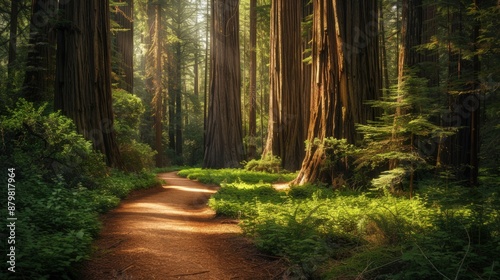 A path through a forest with trees that are very tall. Generate AI image