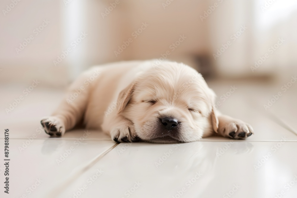 Adorable sleeping golden retriever puppy resting peacefully on a shiny tiled floor. Adorable sleeping golden retriever puppy resting peacefully on a shiny tiled floor.