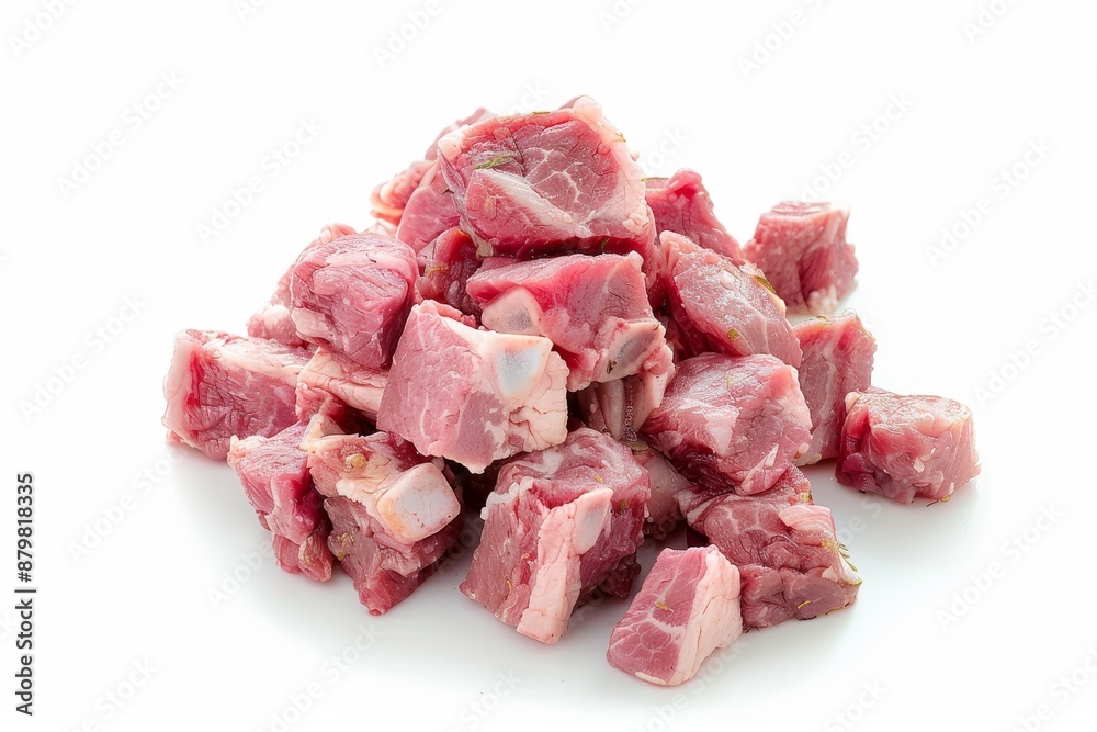 Diced raw meat on bone for stew on white background Diced raw meat on bone for stew on white background