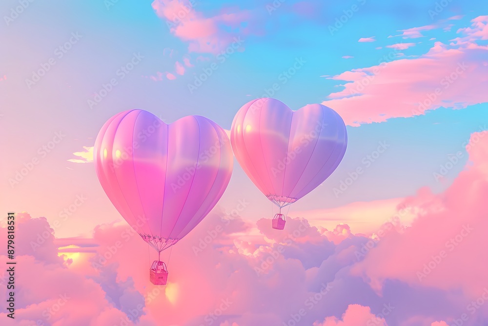 Fototapeta premium Two heart-shaped hot air balloons floating in a dreamy, pastel-colored sky at sunset.