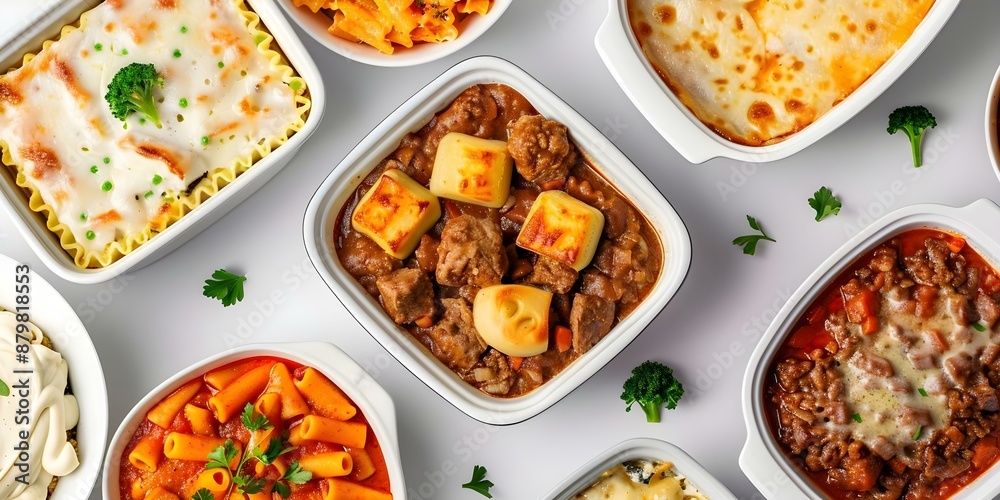 Flat Lay Composition of Frozen Dinners Including Lasagna and Beef Stew. Concept Frozen Dinners, Flat Lay Composition, Lasagna, Beef Stew Flat Lay Composition of Frozen Dinners Including Lasagna and Beef Stew. Concept Frozen Dinners, Flat Lay Composition, Lasagna, Beef Stew
