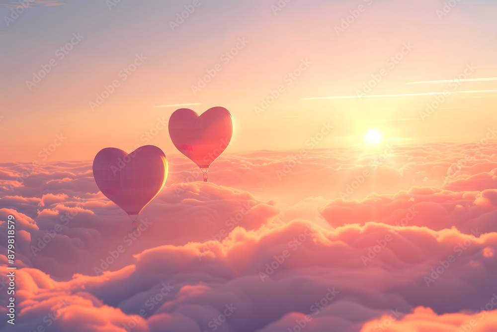 Heart-shaped hot air balloons floating above clouds at sunrise, symbolizing love and adventure Heart-shaped hot air balloons floating above clouds at sunrise, symbolizing love and adventure