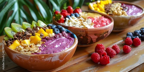 Vibrant Brazilian Juice Bar Specializing in Acai Bowls with Fresh Fruit and Granola. Concept Acai Bowls, Fresh Fruit, Granola, Juice Bar, Brazilian Cuisine photo