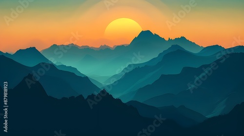 Early morning sky with a mountain range silhouette and the first rays of dawn peeping through the peaks