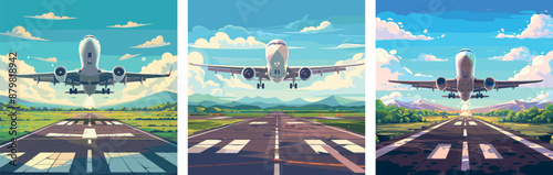 Airplane taking off sunny day cartoon vector concepts. Aircraft wings engines departure runway clouds aviation flight travel airport landscape journey transportation horizon nature illustrations