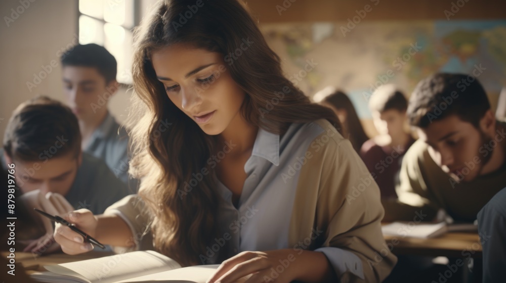 Fototapeta premium A person studying with a book and pen, suitable for educational or office settings
