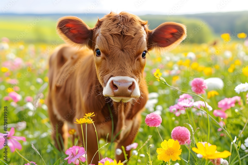 Adorable brown calf standing in a vibrant flower-filled meadow on a sunny day. Adorable brown calf standing in a vibrant flower-filled meadow on a sunny day.