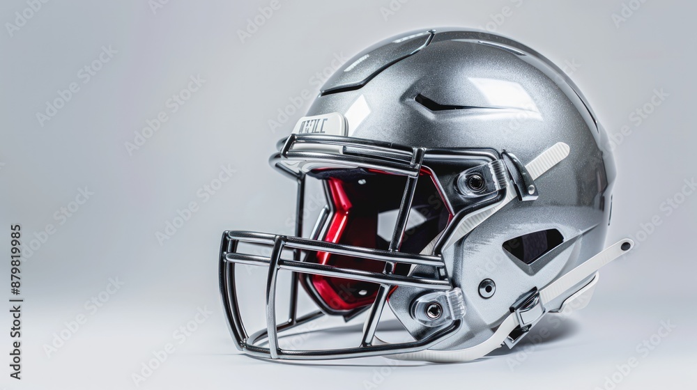 Naklejka premium A silver football helmet with a red visor. Generate AI image
