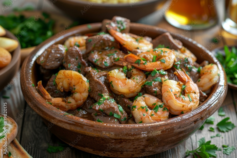 Egyptian flat bread with fried seafood meat and parsley served with traditional bread Egyptian flat bread with fried seafood meat and parsley served with traditional bread