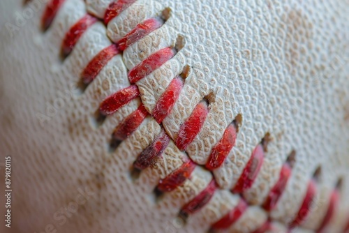 A detailed view of a baseball featuring bold red seams photo