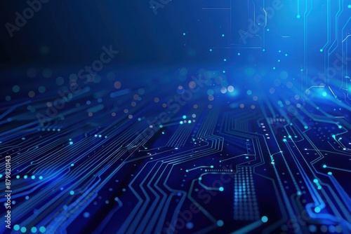 Abstract digital circuit board on blue tech background. Circuit connected lines and dots on motherboard. Dark tech gradient bg