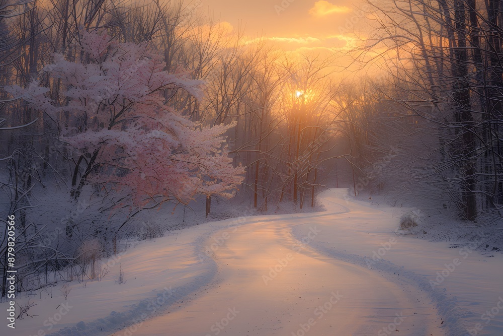 Serene winter landscape with a winding snowy path and a beautiful, warm sunset. Serene winter landscape with a winding snowy path and a beautiful, warm sunset.