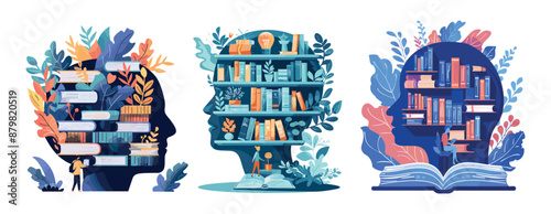 Archive head cartoon vector concepts. Tomes leaf book mind storage education intellect comprehension reading teaching isolated art