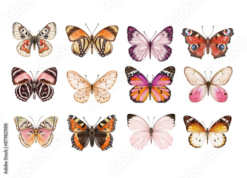 Watercolor colorful butterflies, isolated on white background. blue, yellow, pink and red butterfly spring  © Мария
