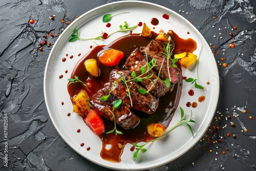 Food styling with grilled liver brown sauce sweet and sour fruits green herbs on white plate ready to serve top view menu details Gorgeous lighting and s photo