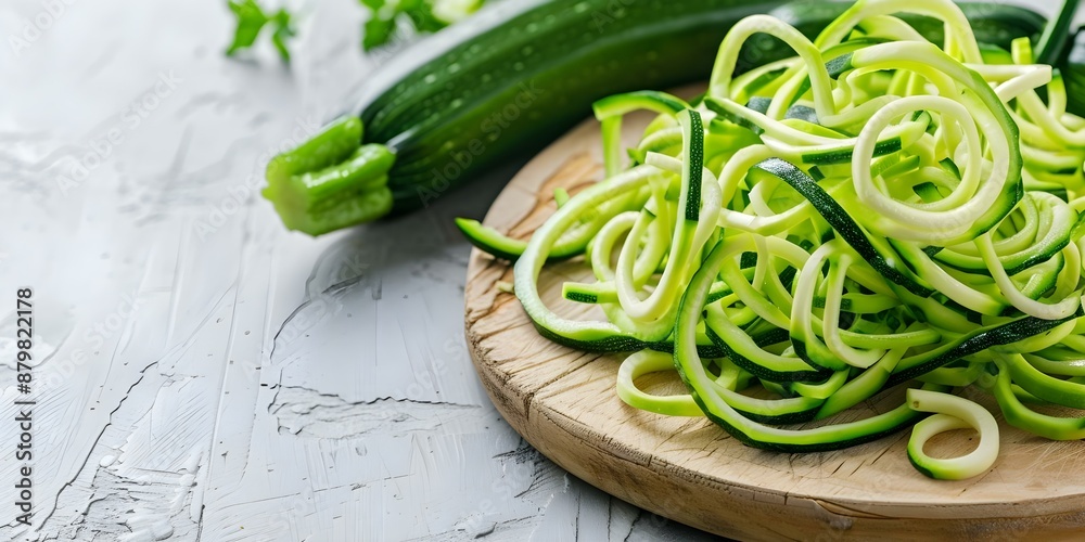 Zucchini Noodles on Wooden Board with Zucchini in the Background. Concept Food Photography, Zucchini Noodles, Wooden Board, Fresh Produce, Kitchen Scene Zucchini Noodles on Wooden Board with Zucchini in the Background. Concept Food Photography, Zucchini Noodles, Wooden Board, Fresh Produce, Kitchen Scene