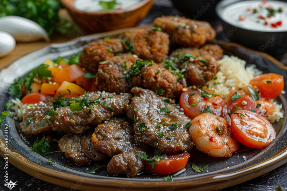 Fried beef liver slices with wheat bran served with seafood and cheese in white sauce Fried beef liver slices with wheat bran served with seafood and cheese in white sauce