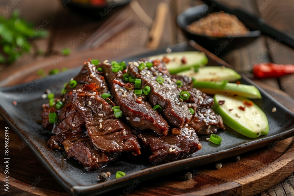Fried beef liver with apple on table Fried beef liver with apple on table