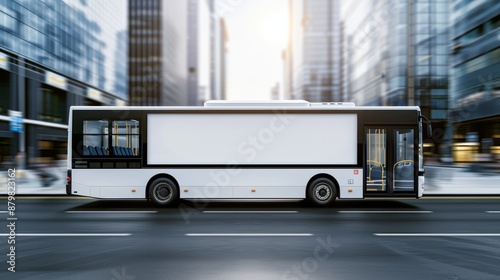 City bus in an urban environment with blank advertising space, realistic detail, surrounded by modern buildings and street activity, focus cover all object