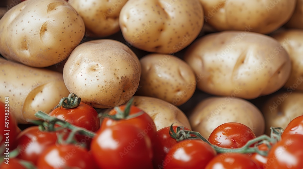Close-up of fresh potatoes and tomatoes stacked in a warehouse distribution center, detailed textures and colors, high-resolution photo, natural lighting, focus cover all object Close-up of fresh potatoes and tomatoes stacked in a warehouse distribution center, detailed textures and colors, high-resolution photo, natural lighting, focus cover all object