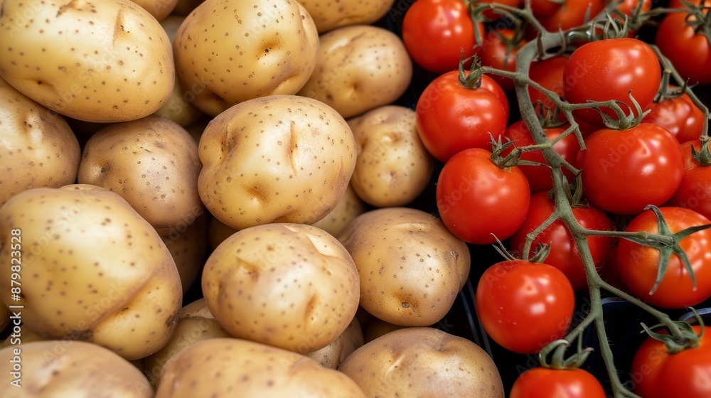 Close-up of fresh potatoes and tomatoes stacked in a warehouse distribution center, detailed textures and colors, high-resolution photo, natural lighting, focus cover all object Close-up of fresh potatoes and tomatoes stacked in a warehouse distribution center, detailed textures and colors, high-resolution photo, natural lighting, focus cover all object