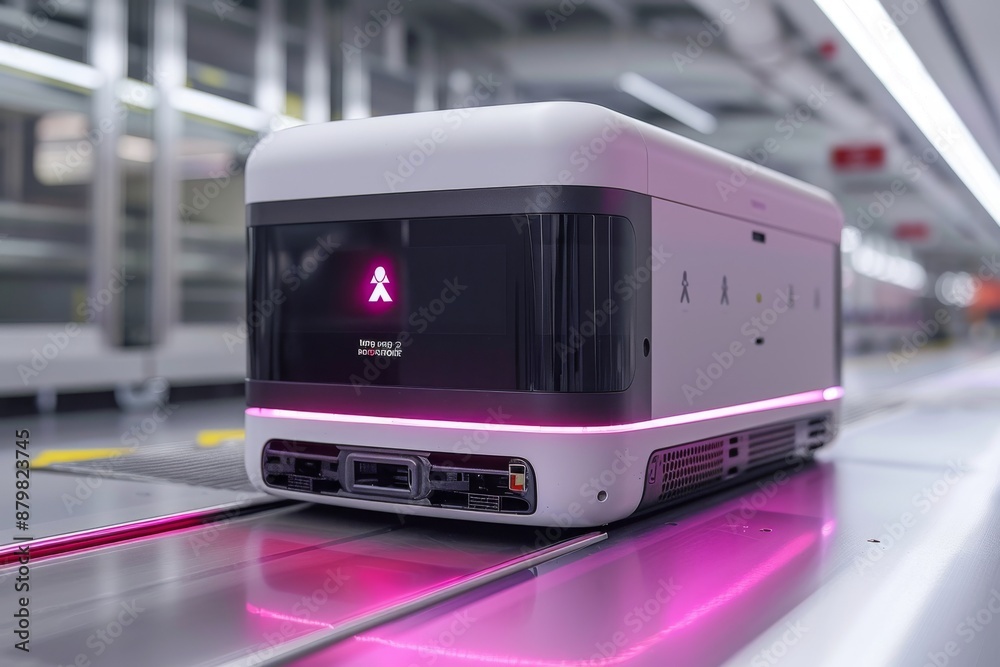 Automated Guided Vehicle Moving On Conveyor Belt In Warehouse Facility