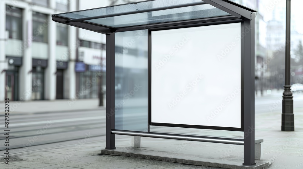 Fototapeta premium Contemporary bus shelter made of glass and aluminum at a city bus stop, empty billboard ad, realistic and high-resolution image, focus cover all object