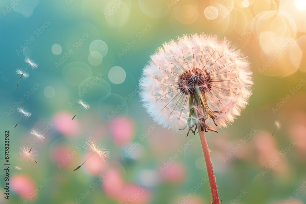 Dandelion on blurred soft fresh background under sunlight Dandelion on blurred soft fresh background under sunlight