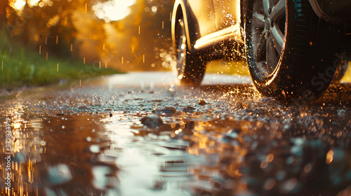 Wet road driving in heavy rain, car tires rolling through the water.