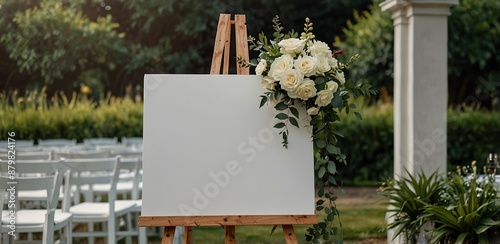 blank white mockup of a white canvas on an easel as a welcome sign at a wedding with many plants flowers view 