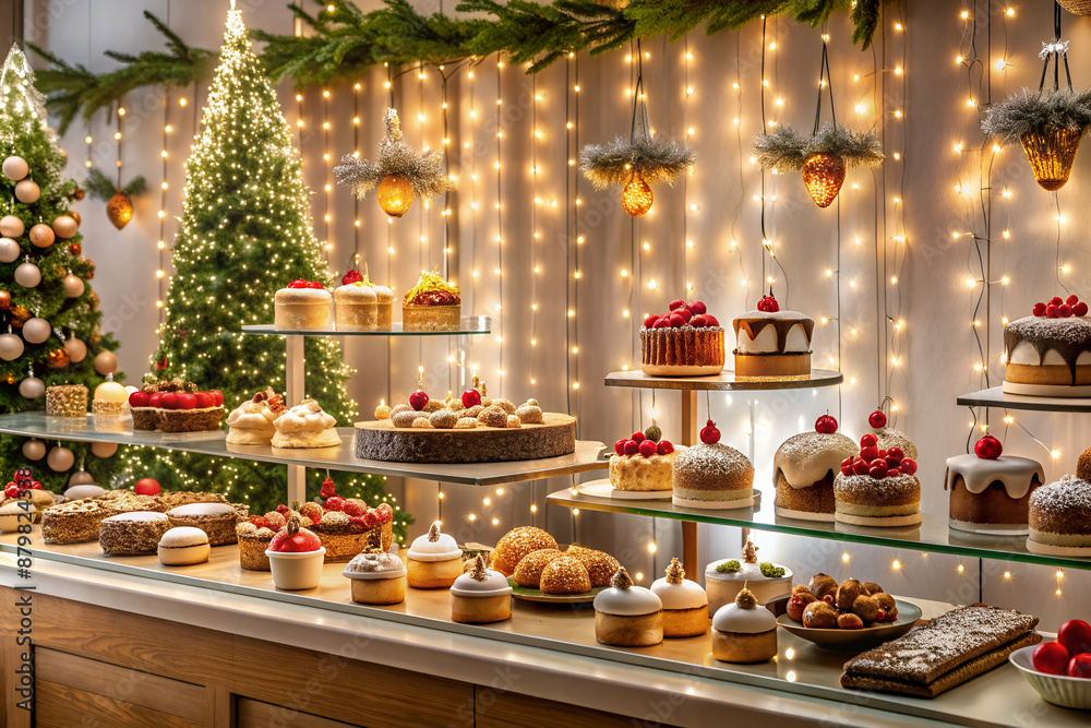 A table full of desserts with a Christmas tree in the background. Scene is festive and celebratory A table full of desserts with a Christmas tree in the background. Scene is festive and celebratory