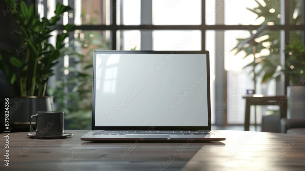 Fototapeta premium laptop on table with glass window background