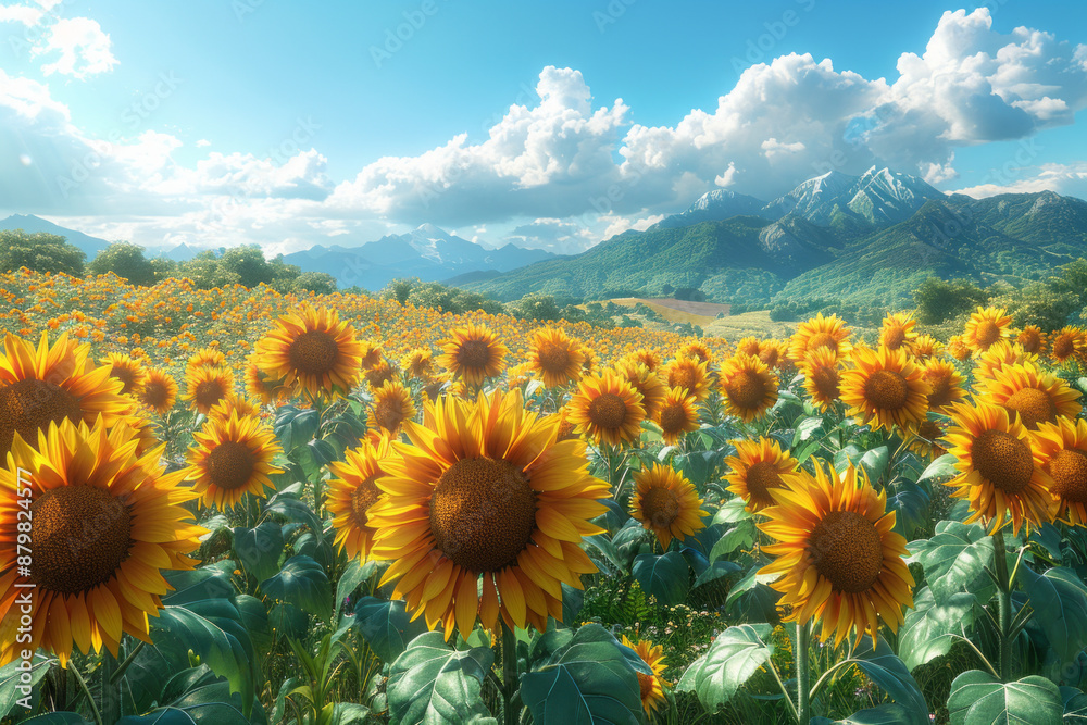 Obraz premium A vibrant field of sunflowers under a clear blue sky.generative ai