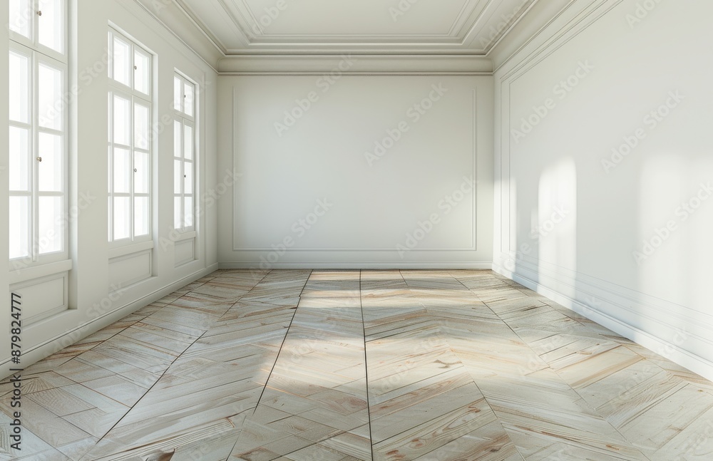 Bright empty room with large windows and wooden floor in a modern minimalist interior Bright empty room with large windows and wooden floor in a modern minimalist interior