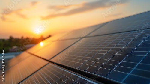 Wallpaper Mural Close-up of solar panels with a vibrant sunset in the background, showcasing renewable energy and sustainability. Torontodigital.ca