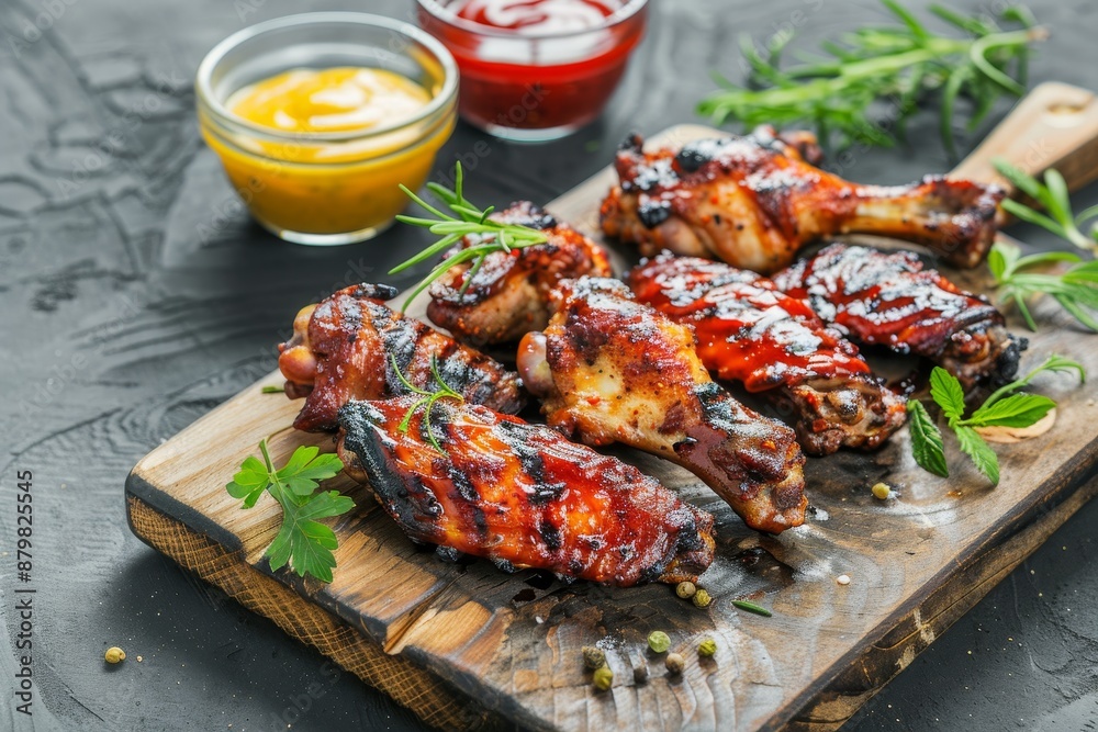 Grilled chicken wings with condiments on a board Classic BBQ buffalo wings Grilled chicken wings with condiments on a board Classic BBQ buffalo wings