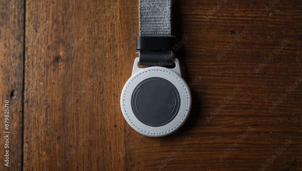 Classic white badge with gray strap on wooden surface Classic white badge with gray strap on wooden surface